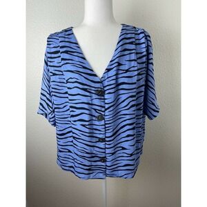 Elodie Blouse Animal Print Short Sleeve Button Up Black Blue Pleats Sz XL